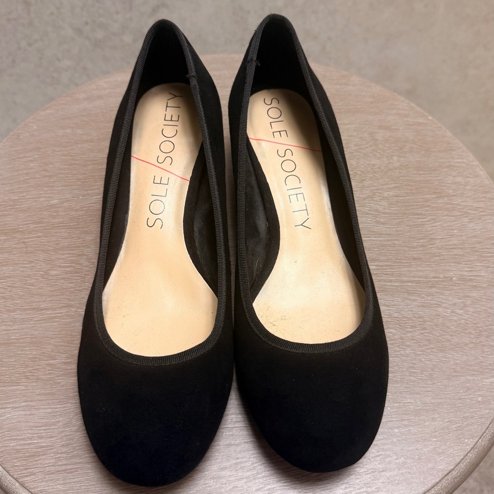 Sole Society 8B Womens Black Suede Block‎ Silver Metallic Glam Chic Classic Heel